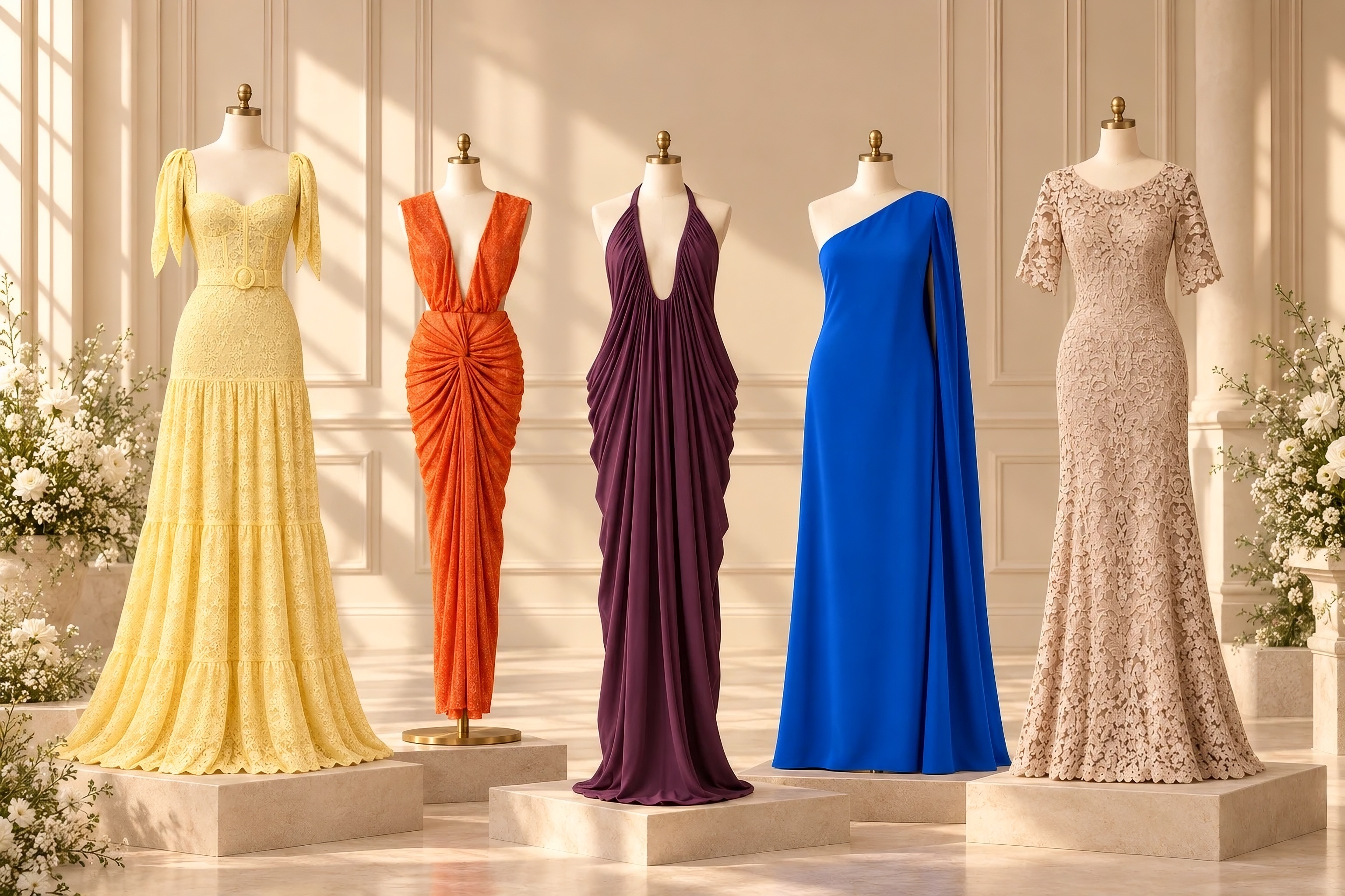 Cinco vestidos NUUK sobre maniquíes: amarillo de encaje, naranja drapeado, ciruela plisado, azul rey con capa y champagne de encaje, en un estudio de tonos cálidos.